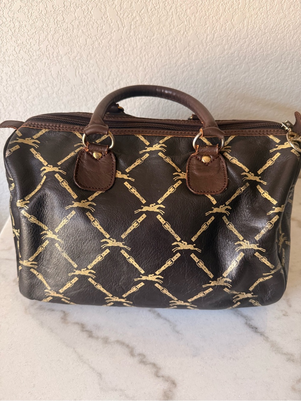 Vintage Longchamp Brown and Gold Monogram Satchel Bag with Long Wallet-GUC!! - Picture 7 of 15